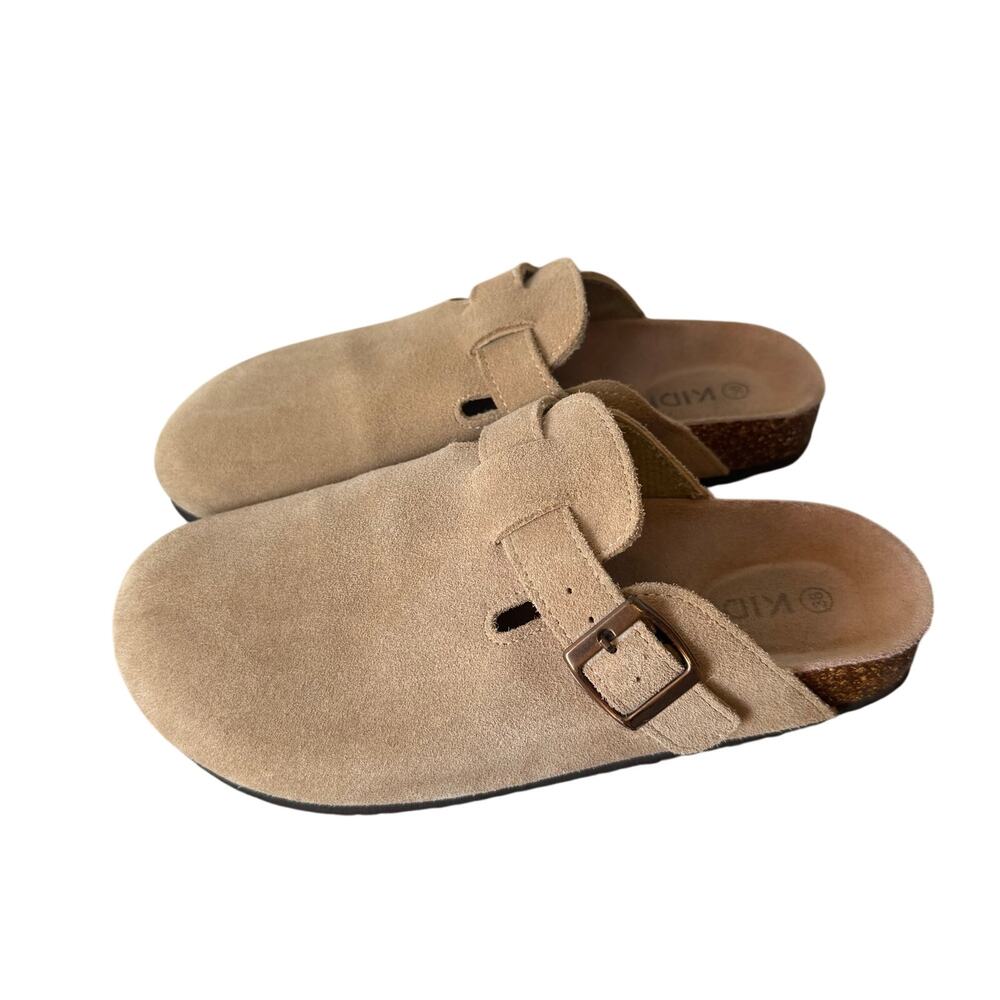 Kidmi tan suede slip-on clogs Mules featuring adjustable buckle cork Women’s 7.5